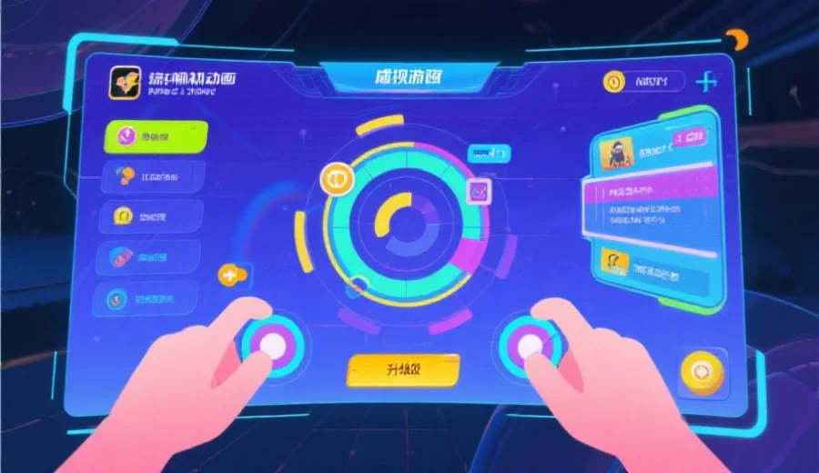 虚拟游戏界面展示流畅动画和升级后的操作布局，用户轻松操作，界面色彩明亮现代